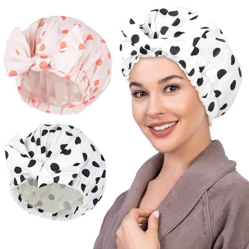 2Pcs Shower Caps for Women Shower Cap Reusable Waterproof Hair Cap for Shower with Adjustable Bowknot Luxury Bath Cap for Women Black Dot  Pink Dot